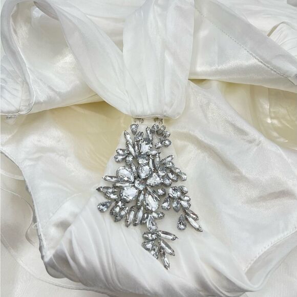 Mac Duggal 49541 Jewel Broach One Shoulder Cascade Layered Gown, White, Size 4 - Picture 12 of 13